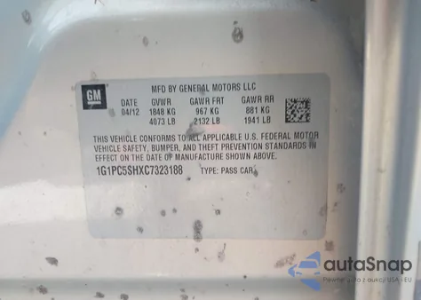 2012 Chevrolet Cruze Ls from USA, damaged, VIN 1G1PC5SHXC7323188